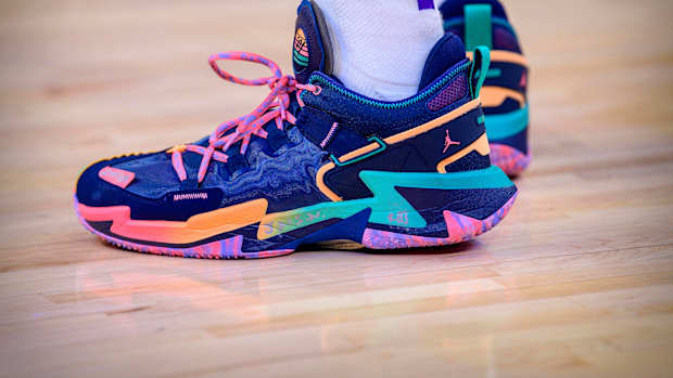 View of Russell Westbrook's multi-color Jordan sneakers.